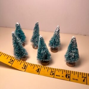 Lot of 6 Tiny 2 inch Bottle Brush Green Trees With Snow and "Wood" Stump